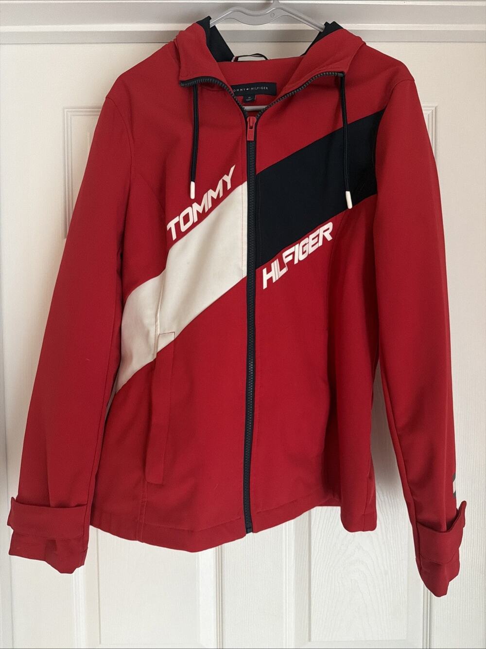 Tommy Hilfiger Jacket Women's M Rain Lightweight Hooded Spellout Flag Red
